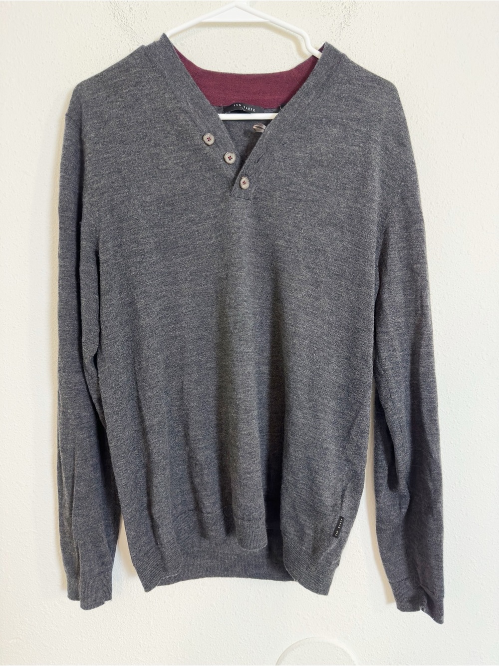 Ted Baker Men's Charcoal V-Neck wool knit Henley Sweater